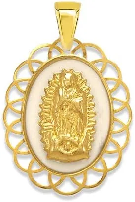 14K Gold White Guadalupe Enamel Pendant - luxury Catholic Christian Religious Necklace Chain  Nice Jewelry Gift for Women and Mean 16MM