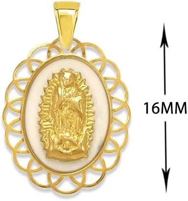 14K Gold White Guadalupe Enamel Pendant - luxury Catholic Christian Religious Necklace Chain  Nice Jewelry Gift for Women and Mean 16MM