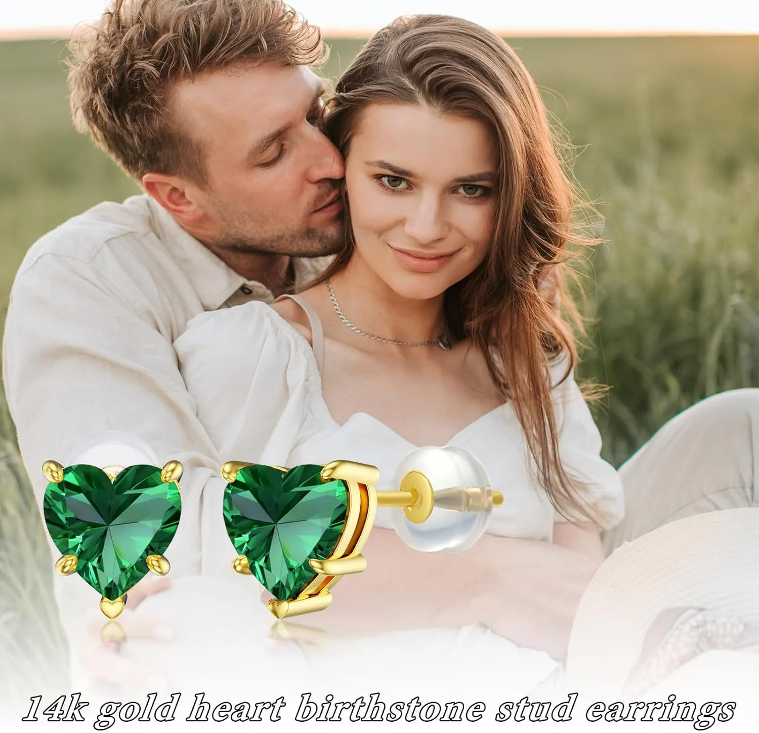 14k Real Gold Love Heart Gemstone Birthstone Stud Earrings for Women 1 carat Heart-cut Created Birthstone Earrings Jewelry Gifts for Anniversary Birthday Valentine Gift for Her Wife