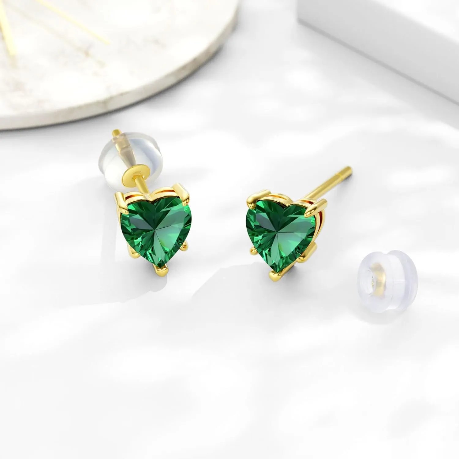 14k Real Gold Love Heart Gemstone Birthstone Stud Earrings for Women 1 carat Heart-cut Created Birthstone Earrings Jewelry Gifts for Anniversary Birthday Valentine Gift for Her Wife