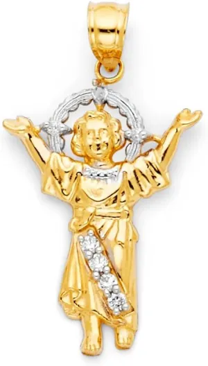 14K Solid Gold Divine Jesus Pendant, 14K 2 Tone Gold Cubic Zirconia Small Divine Jesus Charm Pendant.
