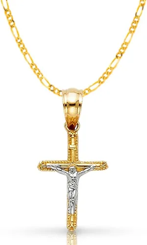 14K Two Tone Gold Jesus Crucifix Cross Pendant with 1.9mm Figaro 3 1 Chain Chain Necklace