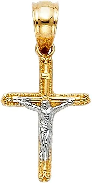 14K Two Tone Gold Jesus Crucifix Cross Pendant with 1.9mm Figaro 3 1 Chain Chain Necklace