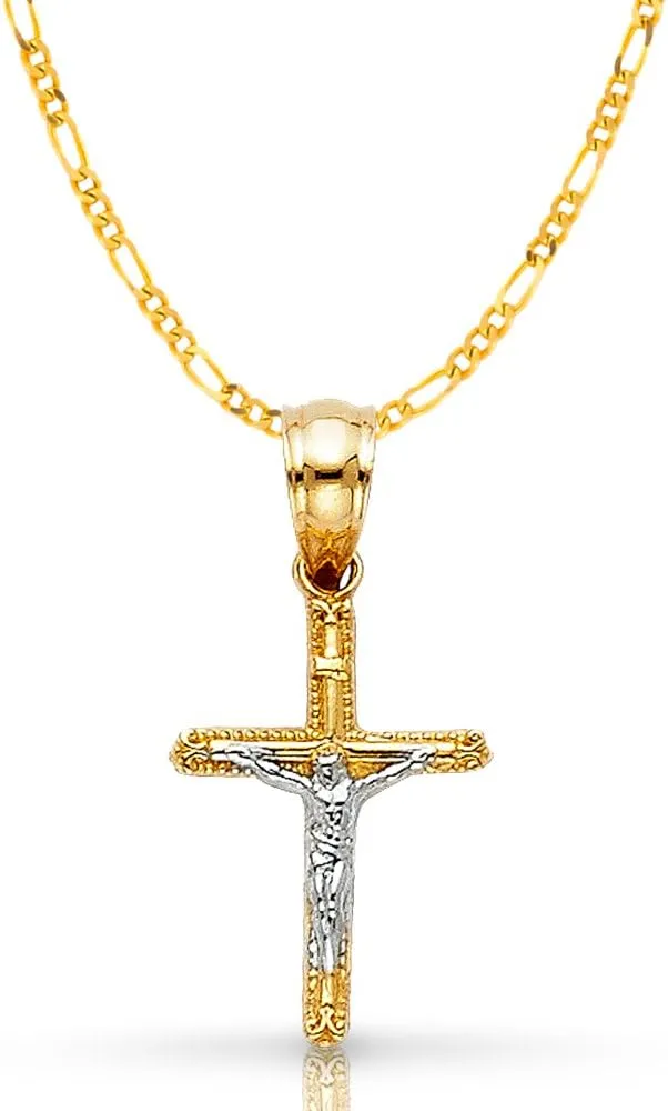 14K Two Tone Gold Jesus Crucifix Cross Pendant with 1.9mm Figaro 3 1 Chain Chain Necklace
