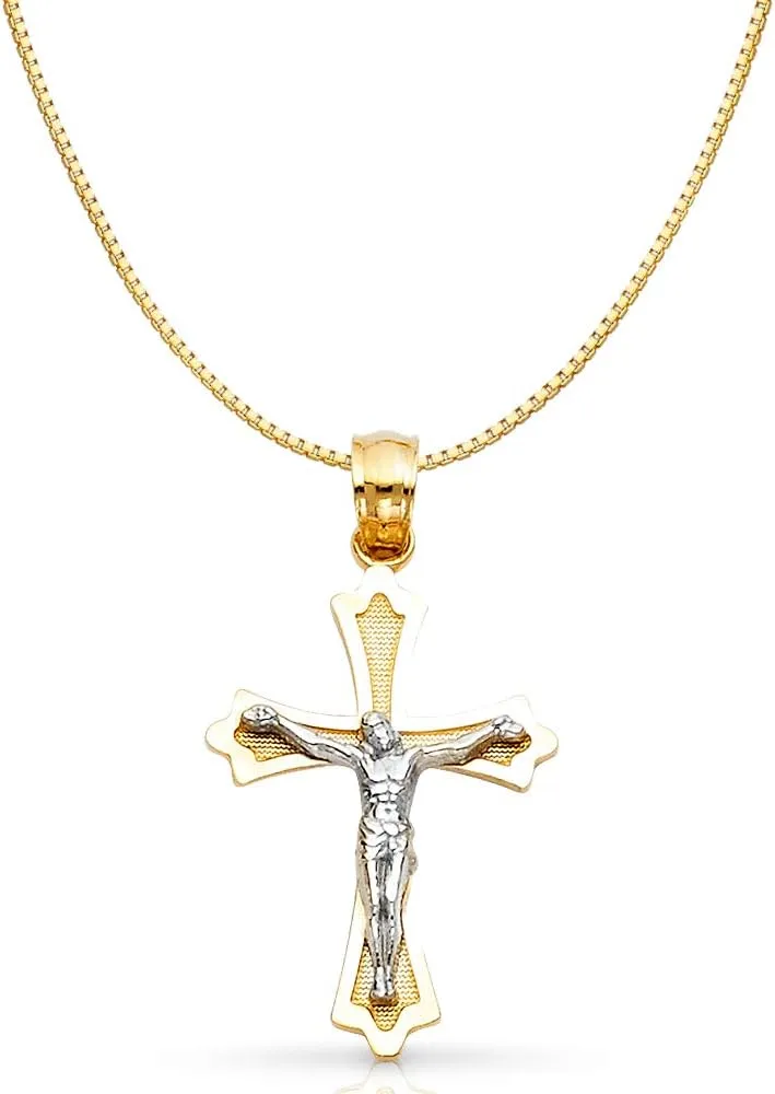 14K Two Tone Gold Jesus Crucifix Cross Religious Charm Pendant with 0.6mm Box Chain Necklace