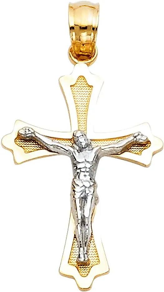 14K Two Tone Gold Jesus Crucifix Cross Religious Charm Pendant with 0.6mm Box Chain Necklace