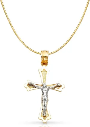 14K Two Tone Gold Jesus Crucifix Cross Religious Charm Pendant with 0.6mm Box Chain Necklace