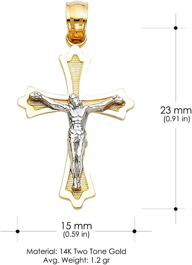 14K Two Tone Gold Jesus Crucifix Cross Religious Charm Pendant with 0.6mm Box Chain Necklace