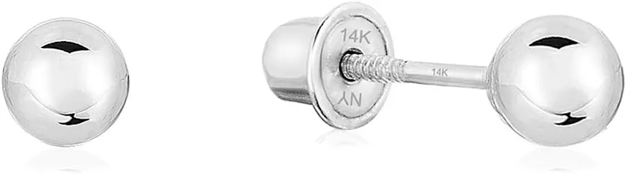 14k White Gold Ball Stud Earrings with Secure Screw-backs