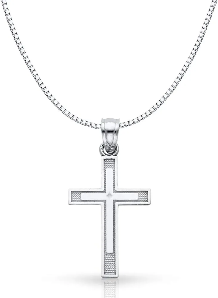 14K White Gold Cross Pendant Necklace with 0.8mm Box Chain