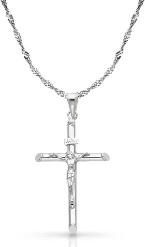 14K White Gold Crucifix Cross Pendant with 1.2mm Singapore Chain Necklace