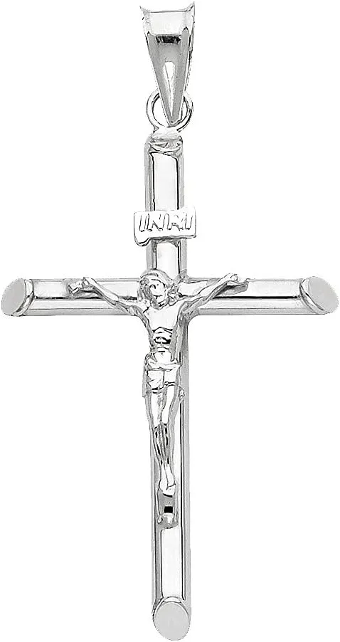 14K White Gold Crucifix Cross Pendant with 1.4mm Flat Open Wheat Chain Necklace