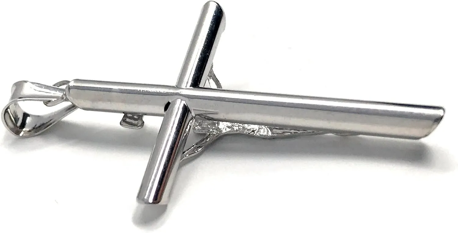 14K White Gold Crucifix Cross Pendant with 1.4mm Flat Open Wheat Chain Necklace