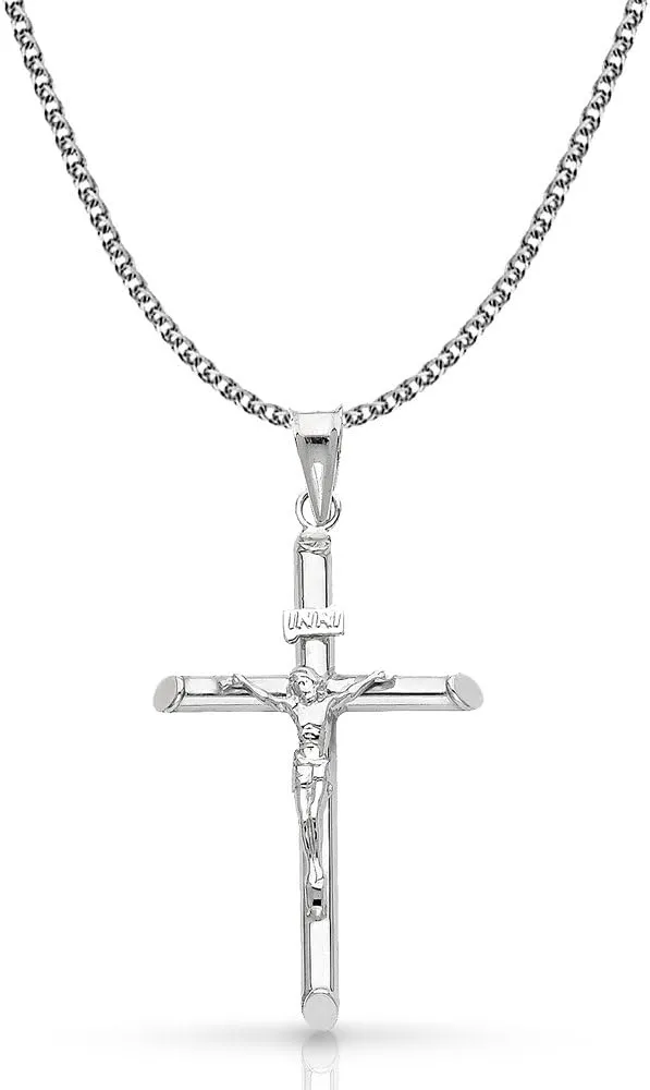 14K White Gold Crucifix Cross Pendant with 1.4mm Flat Open Wheat Chain Necklace