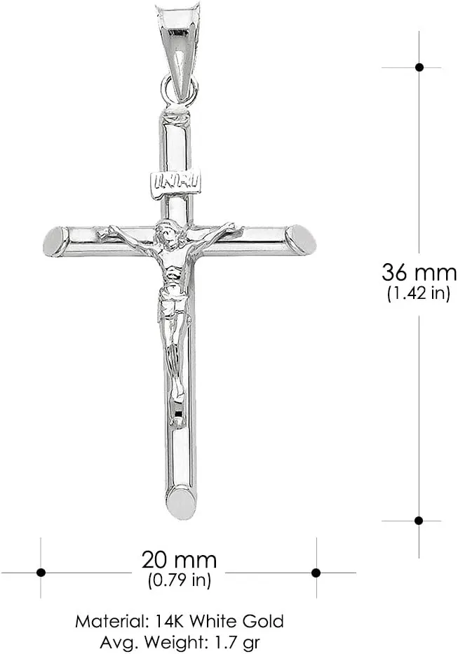 14K White Gold Crucifix Cross Pendant with 1.4mm Flat Open Wheat Chain Necklace