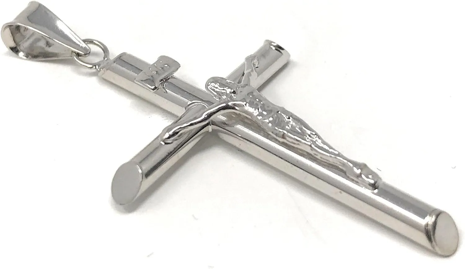 14K White Gold Crucifix Cross Pendant with 1.4mm Flat Open Wheat Chain Necklace
