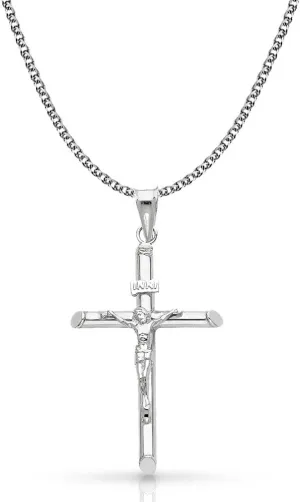 14K White Gold Crucifix Cross Pendant with 1.4mm Flat Open Wheat Chain Necklace