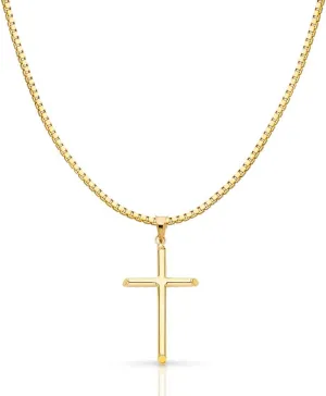 14K Yellow Gold Classic Cross Religious Charm Pendant with 1mm Box Chain Necklace
