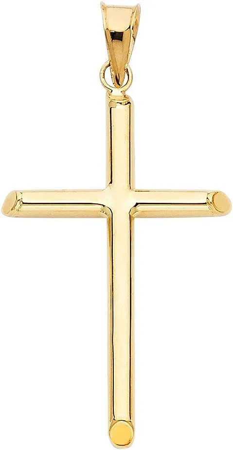14K Yellow Gold Classic Cross Religious Charm Pendant with 1mm Box Chain Necklace