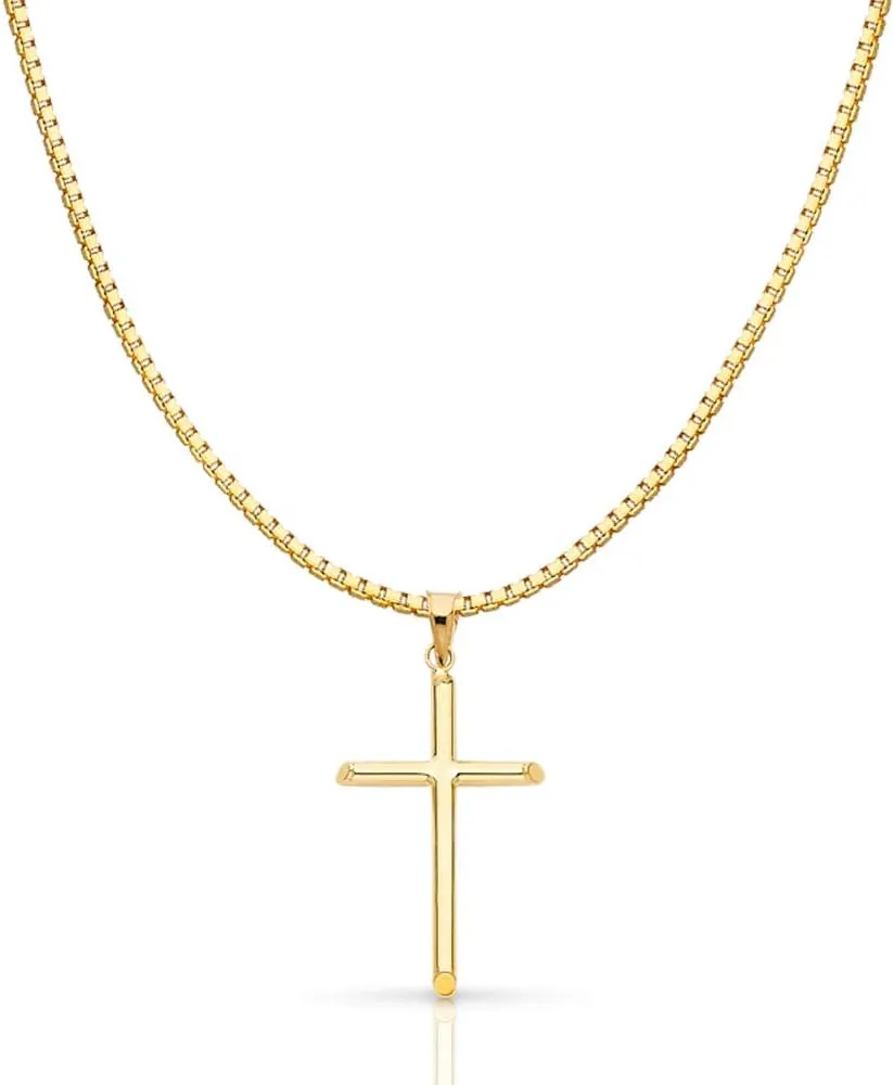 14K Yellow Gold Classic Cross Religious Charm Pendant with 1mm Box Chain Necklace