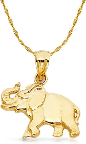 14K Yellow Gold Elephant Charm Pendant with 1.2mm Singapore Chain Necklace