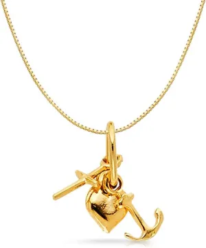 14K Yellow Gold Faith, Hope, and Charity Lucky Charm Pendant with 0.5mm Box Chain Necklace