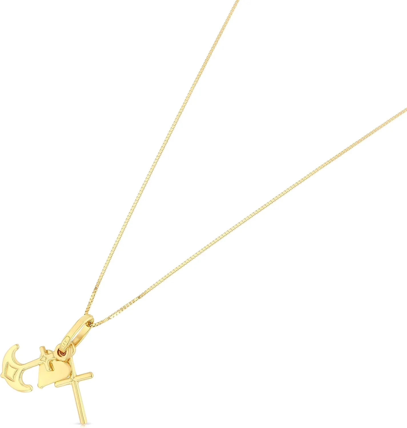 14K Yellow Gold Faith, Hope, and Charity Lucky Charm Pendant with 0.5mm Box Chain Necklace