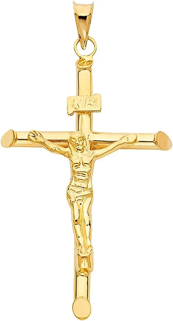 14K Yellow Gold Jesus Engraved Cross Pendant - Crucifix Charm Polish Finish - Handmade Spiritual Symbol - Gold Stamped Fine Jewelry - Great Gift for Men & Women
