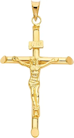 14K Yellow Gold Jesus Engraved Cross Pendant - Crucifix Charm Polish Finish - Handmade Spiritual Symbol - Gold Stamped Fine Jewelry - Great Gift for Men & Women