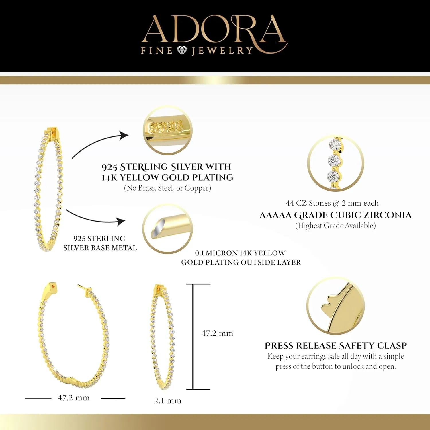 14K Yellow Gold Plated or 925 Rhodium Plated Inside-Outside Round Hoop Earrings | Medium, Large | 31 mm or 45mm | 2.0mm 5A Cubic Zirconia (cz) | Latch Safety Clasp |By Adora Fine Jewelry