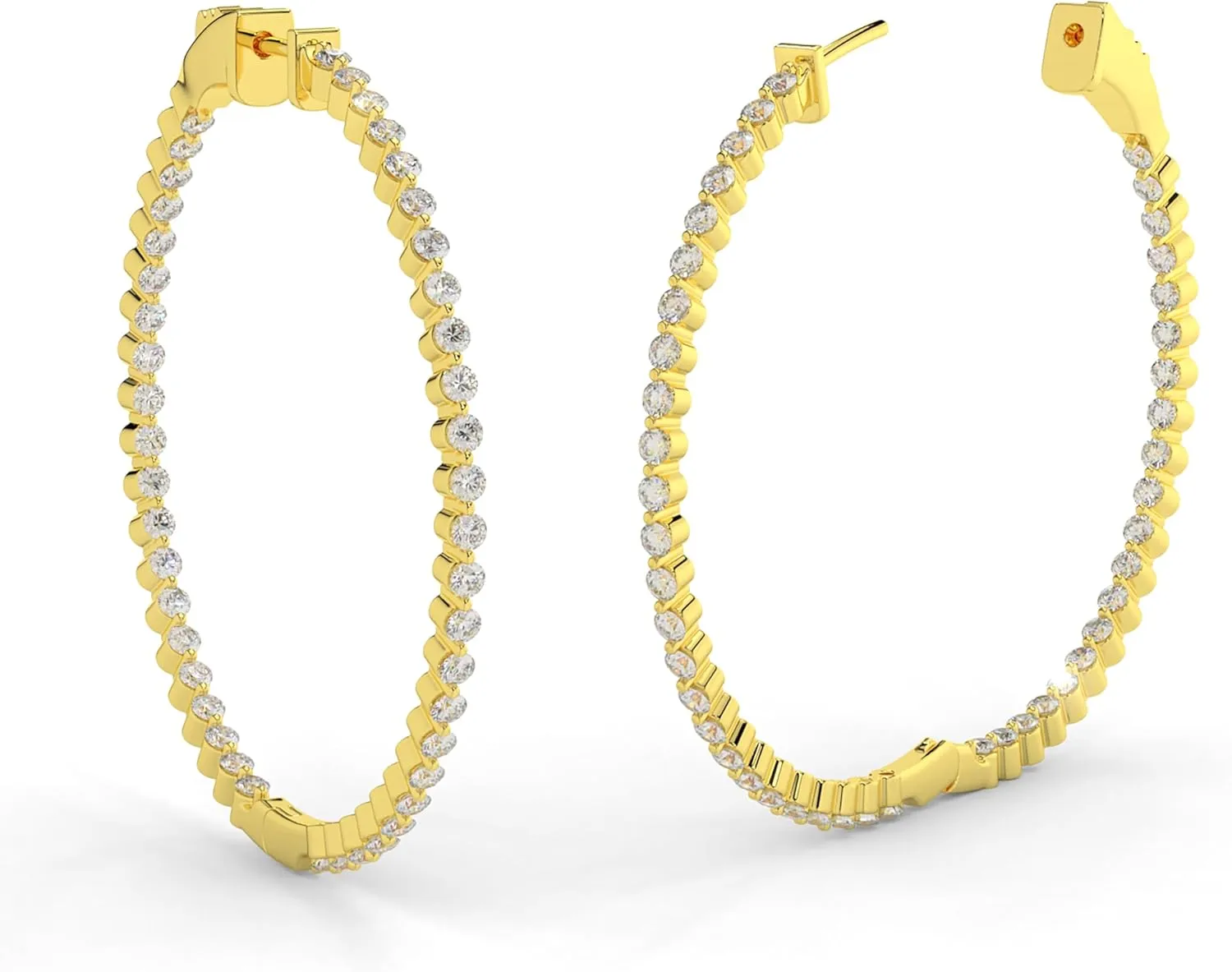 14K Yellow Gold Plated or 925 Rhodium Plated Inside-Outside Round Hoop Earrings | Medium, Large | 31 mm or 45mm | 2.0mm 5A Cubic Zirconia (cz) | Latch Safety Clasp |By Adora Fine Jewelry