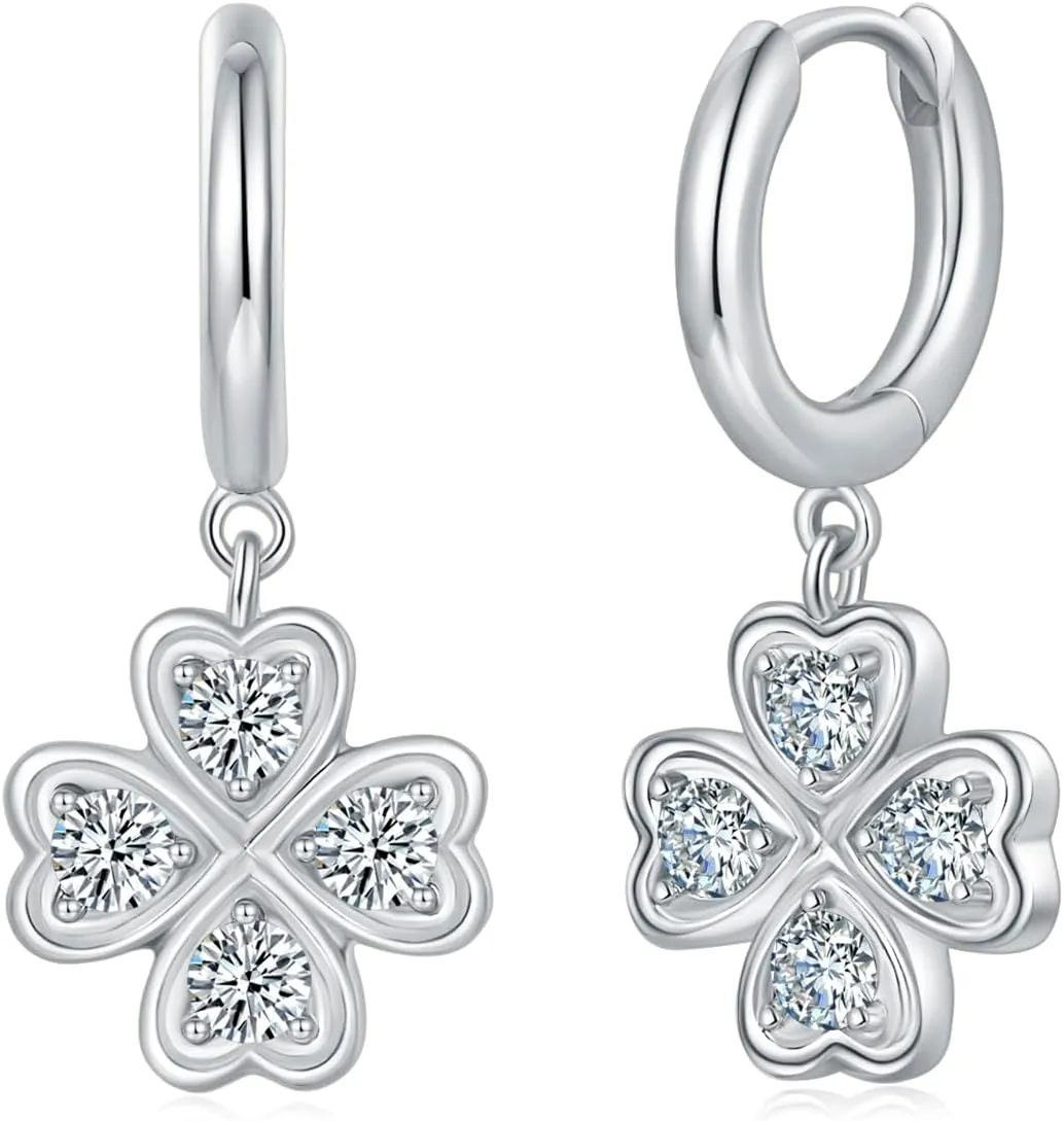 14K/18K Gold Plated Drop Dangle Clover Huggie Hoop Earrings for Women  Dainty Four-Leaf Clover Earrings with Charm  Sterling Silver Post Jewelry for Everyday and Special Occasion 24mm x 11mm