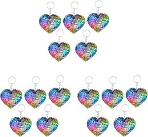 15 Pcs Sparkling Key Ring Pendent Keychain Shiny Charm Keychain Flip Sequin Keychains Car Backpack Keychains for Girls Heart Shape Keychain Wallet Miss Handbag