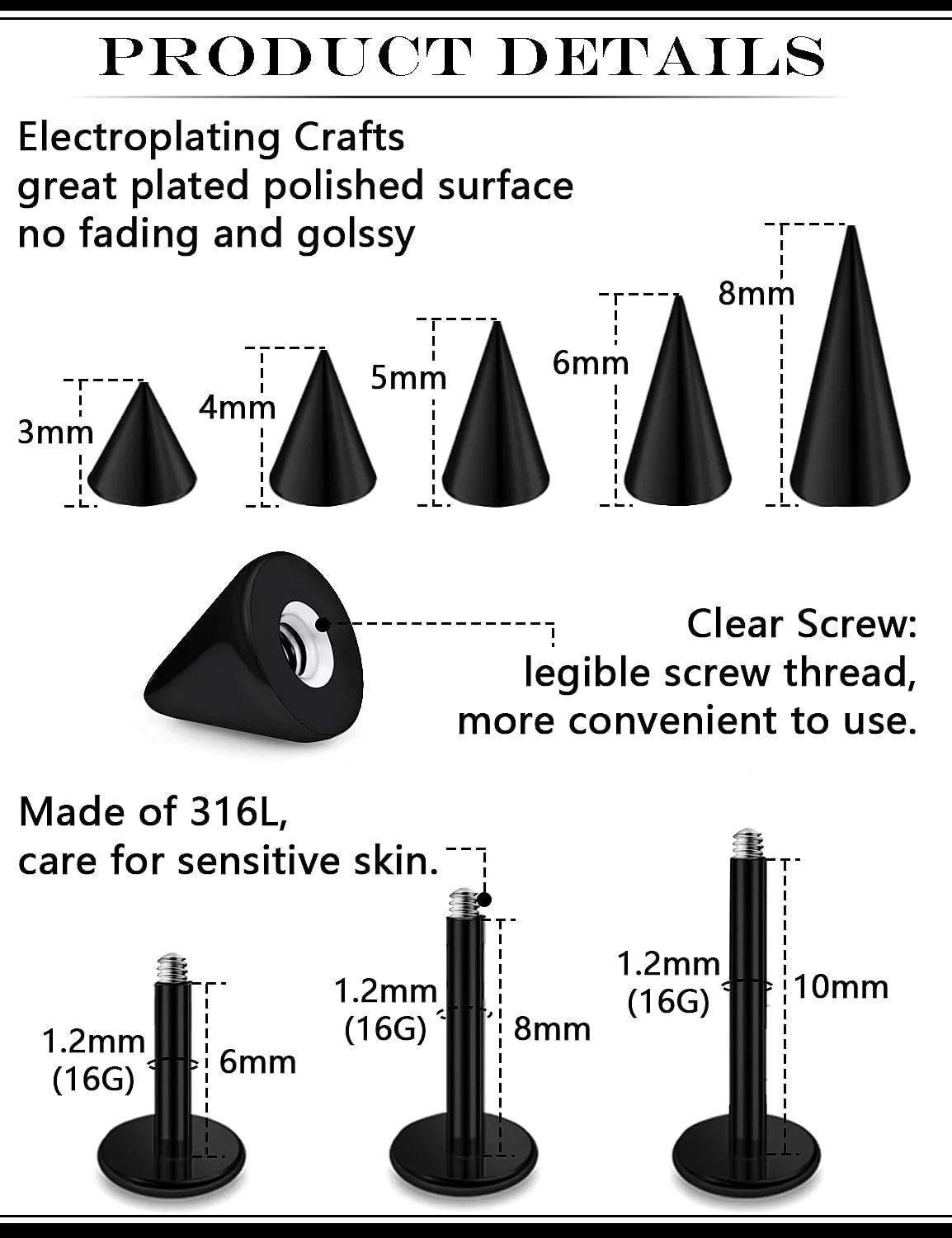 16G Spike Snake Bites Jewelry Tragus Conch Helix Piercing Jewelry Monroe Lip Rings Medusa Labret Piercing Jewelry Flat Back Cartilage Earrings for Women Silver Black Gold Rainbow 6MM 8MM 10MM