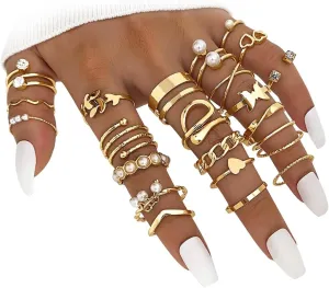 17IF Gold Vintage Knuckle Ring Set for Women, Boho Crystal Finger Aesthetic Pearl Sparkle Butterfly Chunky Stackable Midi Ring Pack