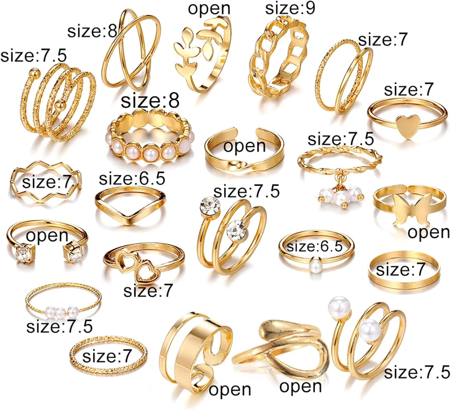 17IF Gold Vintage Knuckle Ring Set for Women, Boho Crystal Finger Aesthetic Pearl Sparkle Butterfly Chunky Stackable Midi Ring Pack