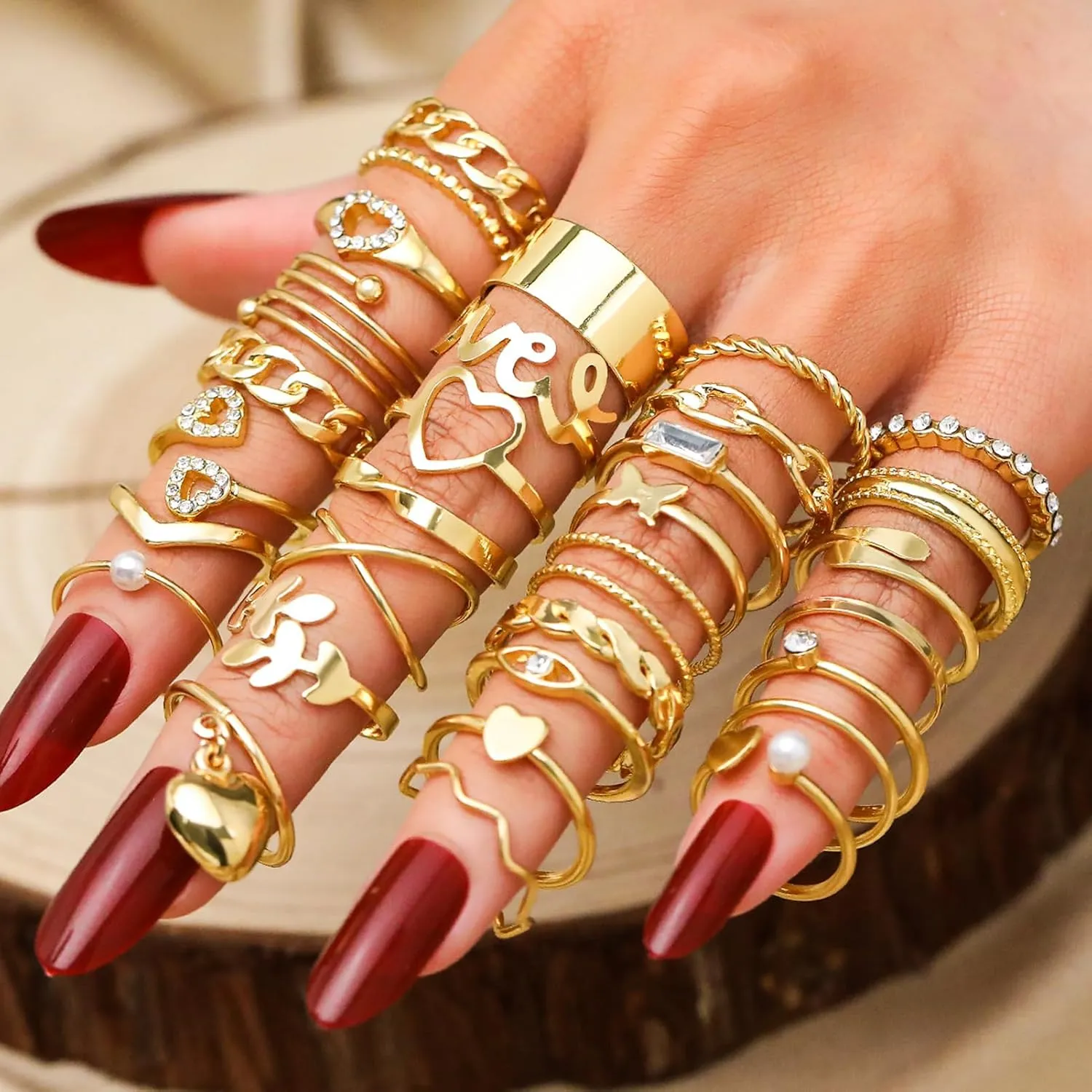 17IF Gold Vintage Knuckle Ring Set for Women, Boho Crystal Finger Aesthetic Pearl Sparkle Butterfly Chunky Stackable Midi Ring Pack
