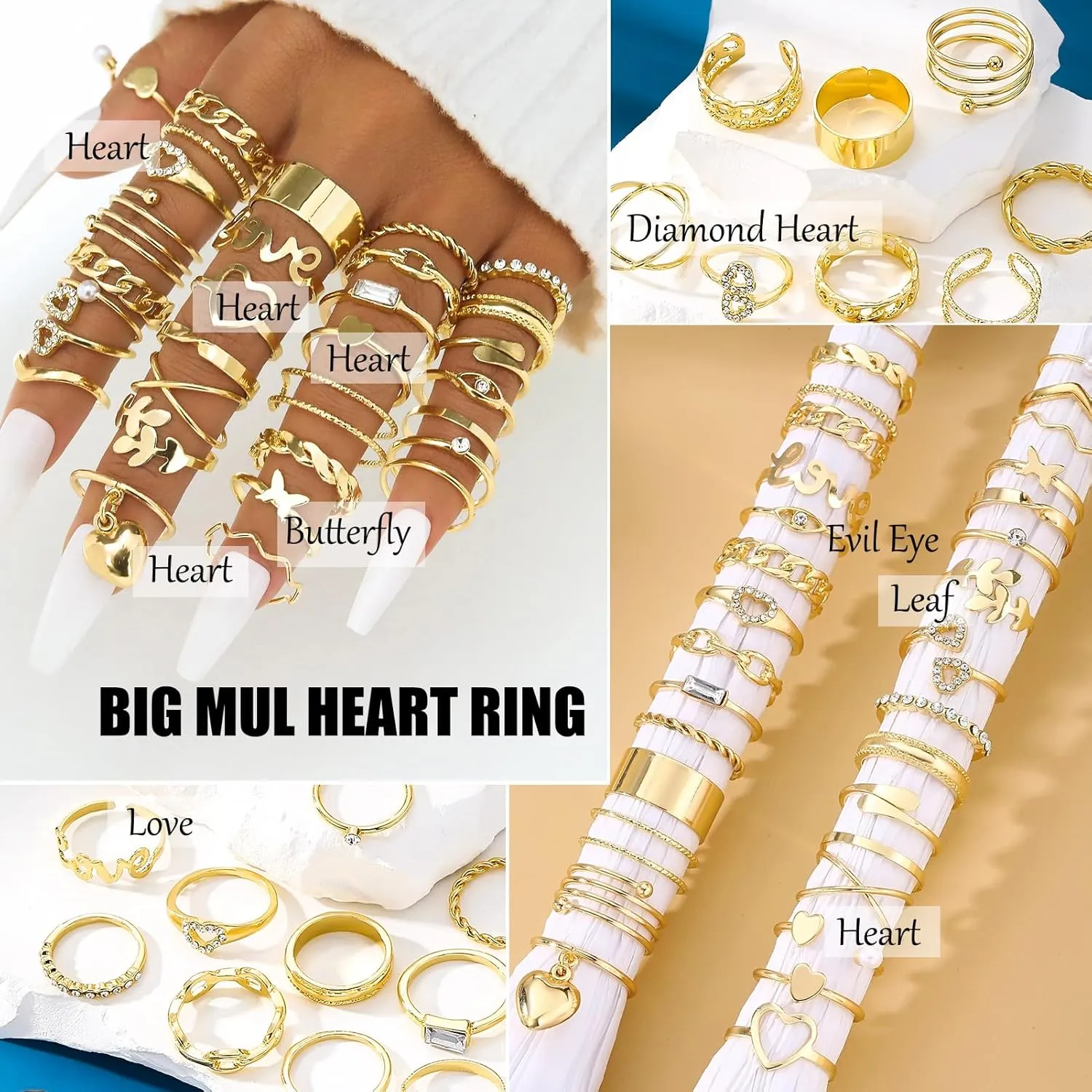 17IF Gold Vintage Knuckle Ring Set for Women, Boho Crystal Finger Aesthetic Pearl Sparkle Butterfly Chunky Stackable Midi Ring Pack
