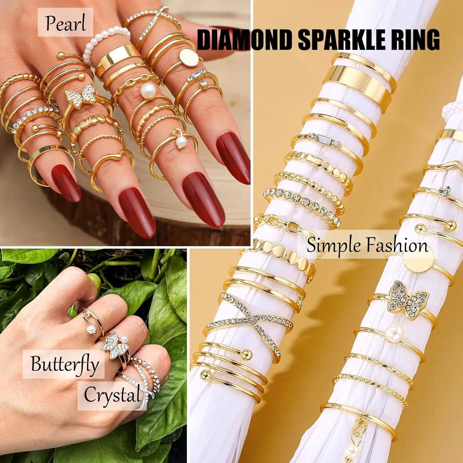 17IF Gold Vintage Knuckle Ring Set for Women, Boho Crystal Finger Aesthetic Pearl Sparkle Butterfly Chunky Stackable Midi Ring Pack