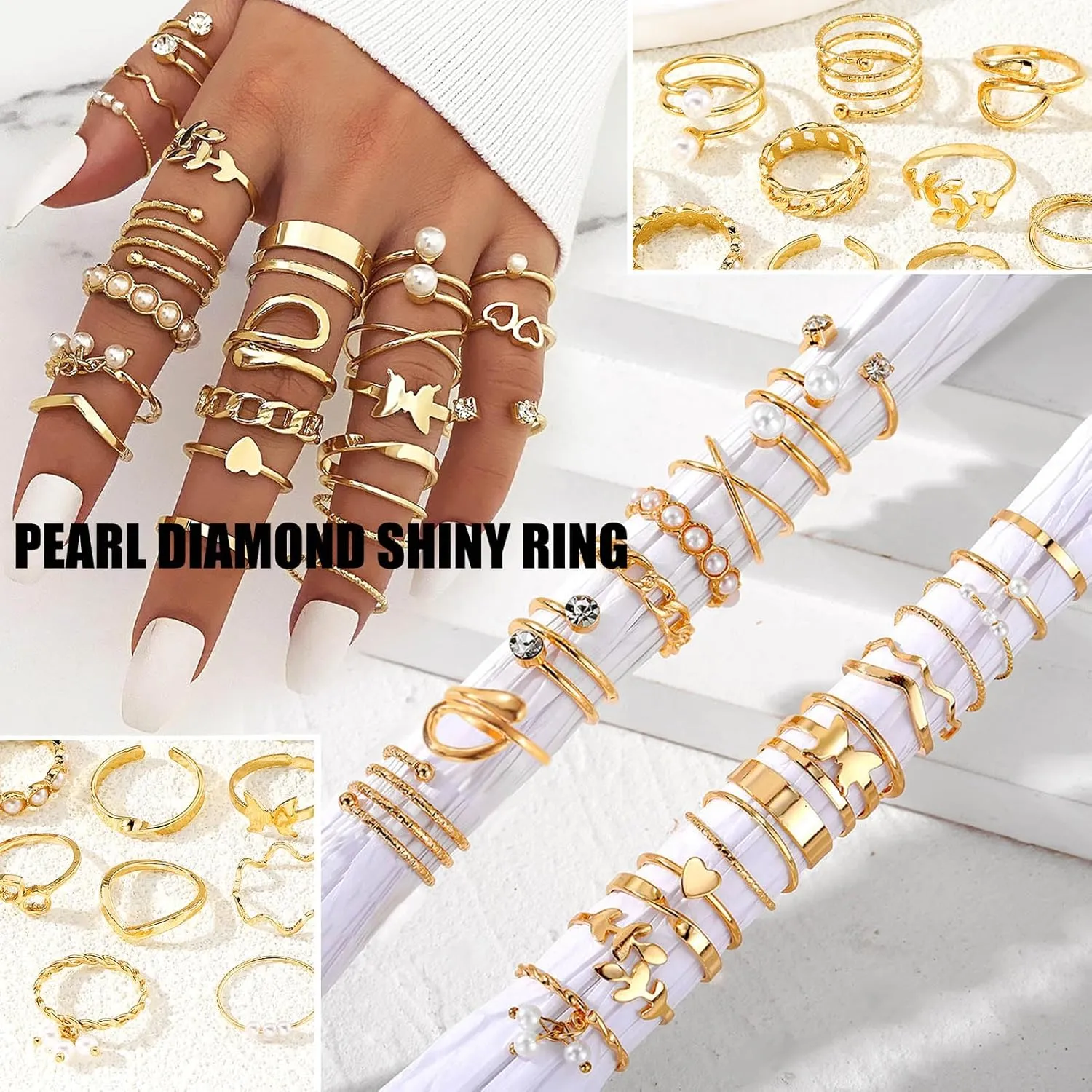 17IF Gold Vintage Knuckle Ring Set for Women, Boho Crystal Finger Aesthetic Pearl Sparkle Butterfly Chunky Stackable Midi Ring Pack