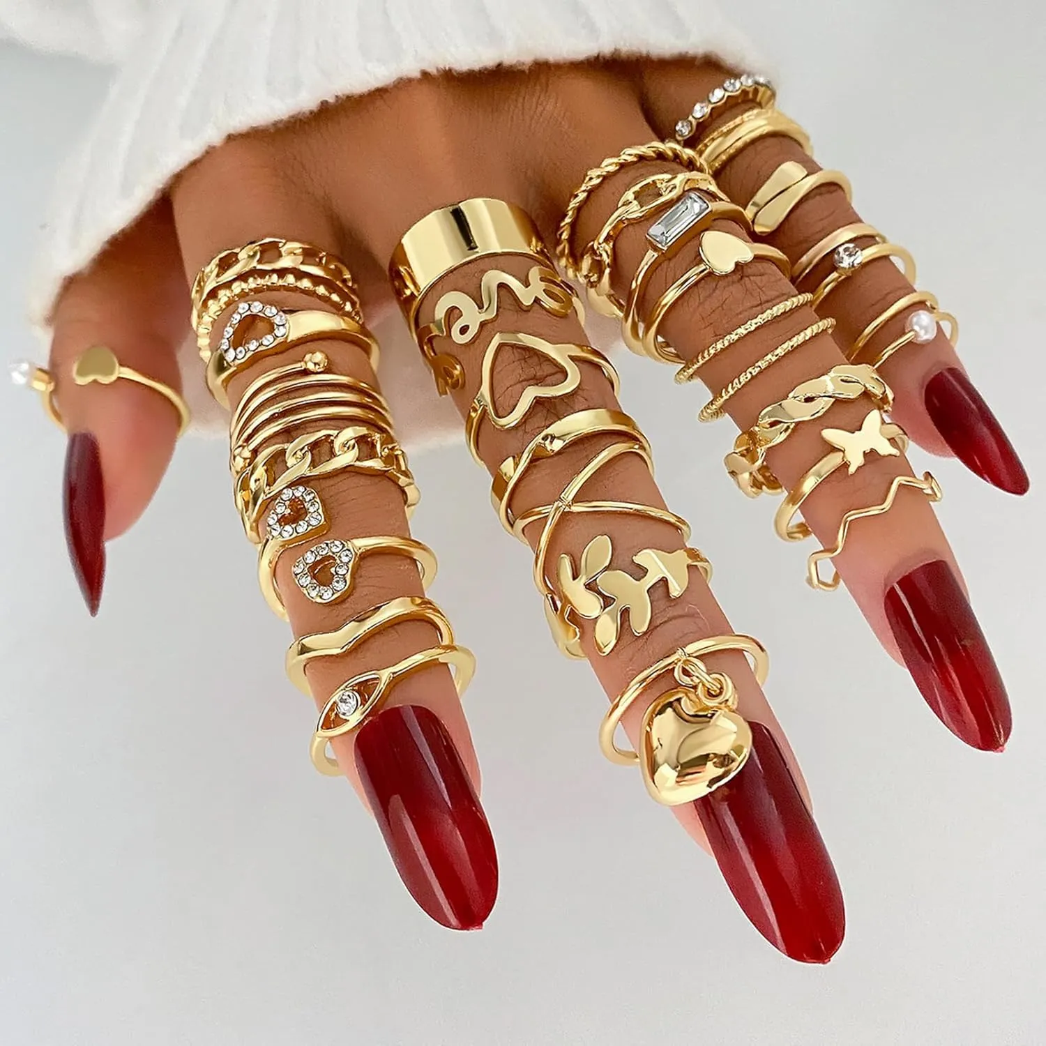 17IF Gold Vintage Knuckle Ring Set for Women, Boho Crystal Finger Aesthetic Pearl Sparkle Butterfly Chunky Stackable Midi Ring Pack