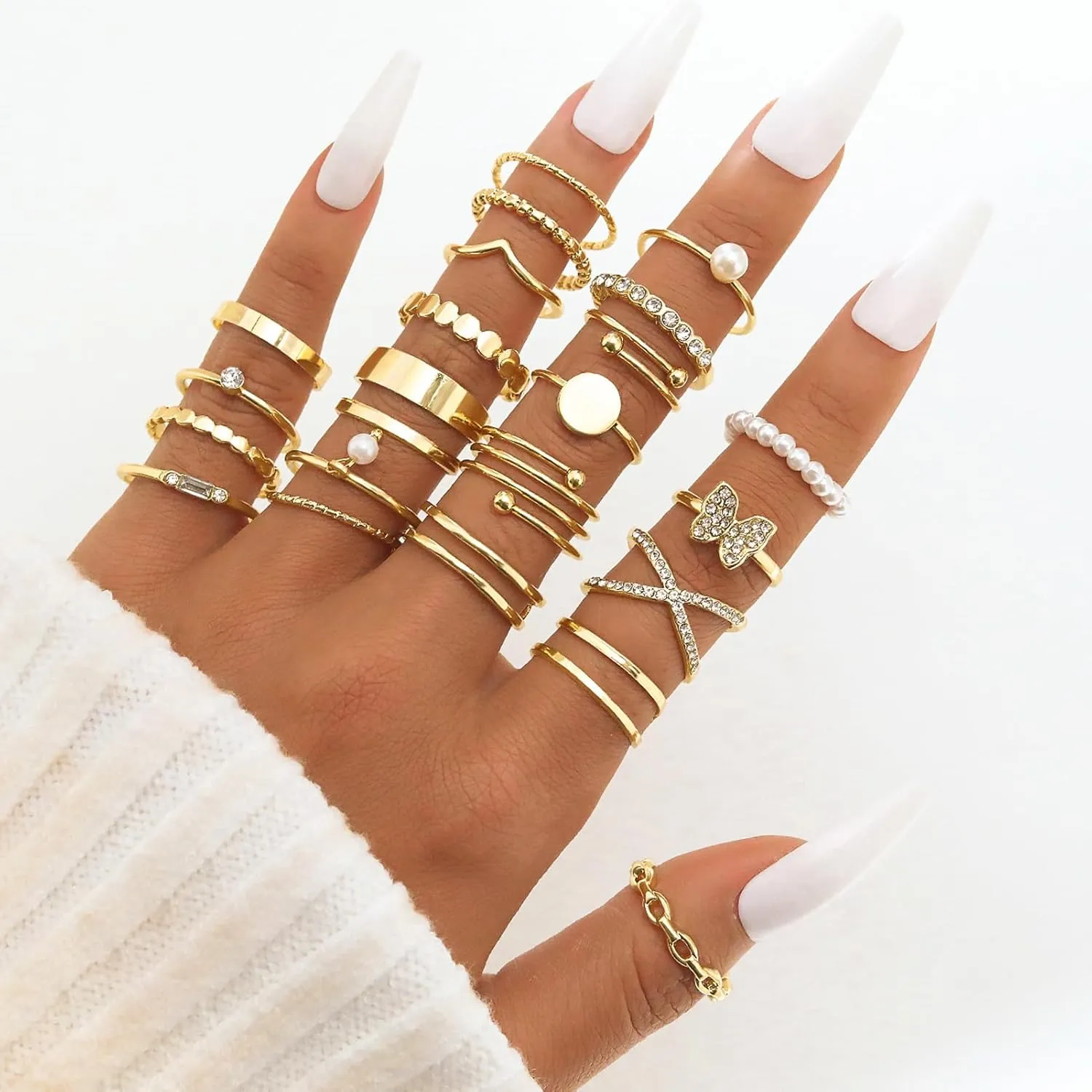 17IF Gold Vintage Knuckle Ring Set for Women, Boho Crystal Finger Aesthetic Pearl Sparkle Butterfly Chunky Stackable Midi Ring Pack