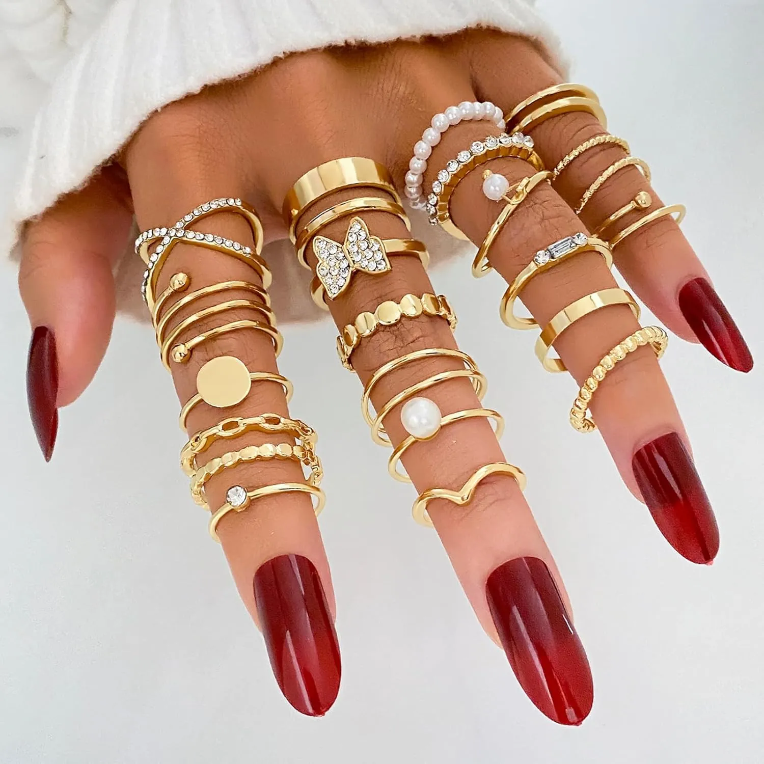 17IF Gold Vintage Knuckle Ring Set for Women, Boho Crystal Finger Aesthetic Pearl Sparkle Butterfly Chunky Stackable Midi Ring Pack