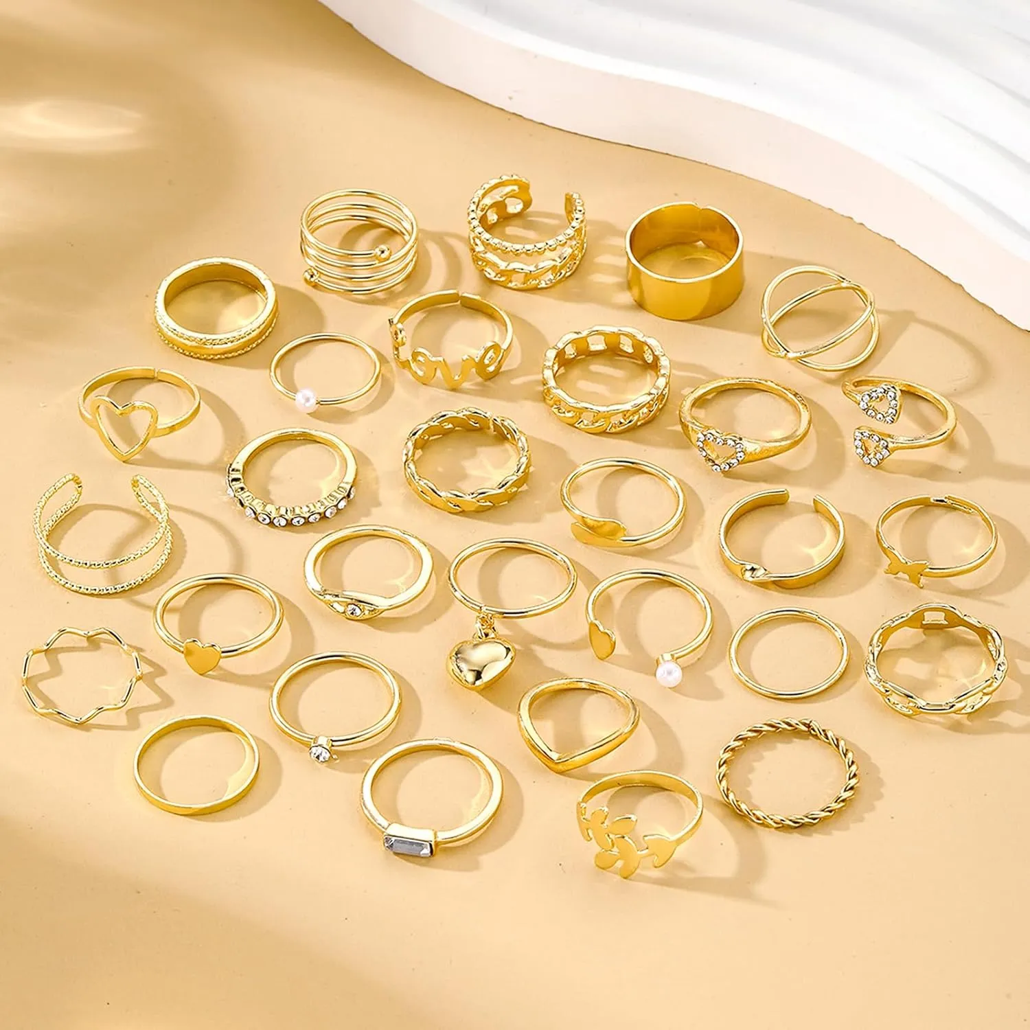 17IF Gold Vintage Knuckle Ring Set for Women, Boho Crystal Finger Aesthetic Pearl Sparkle Butterfly Chunky Stackable Midi Ring Pack