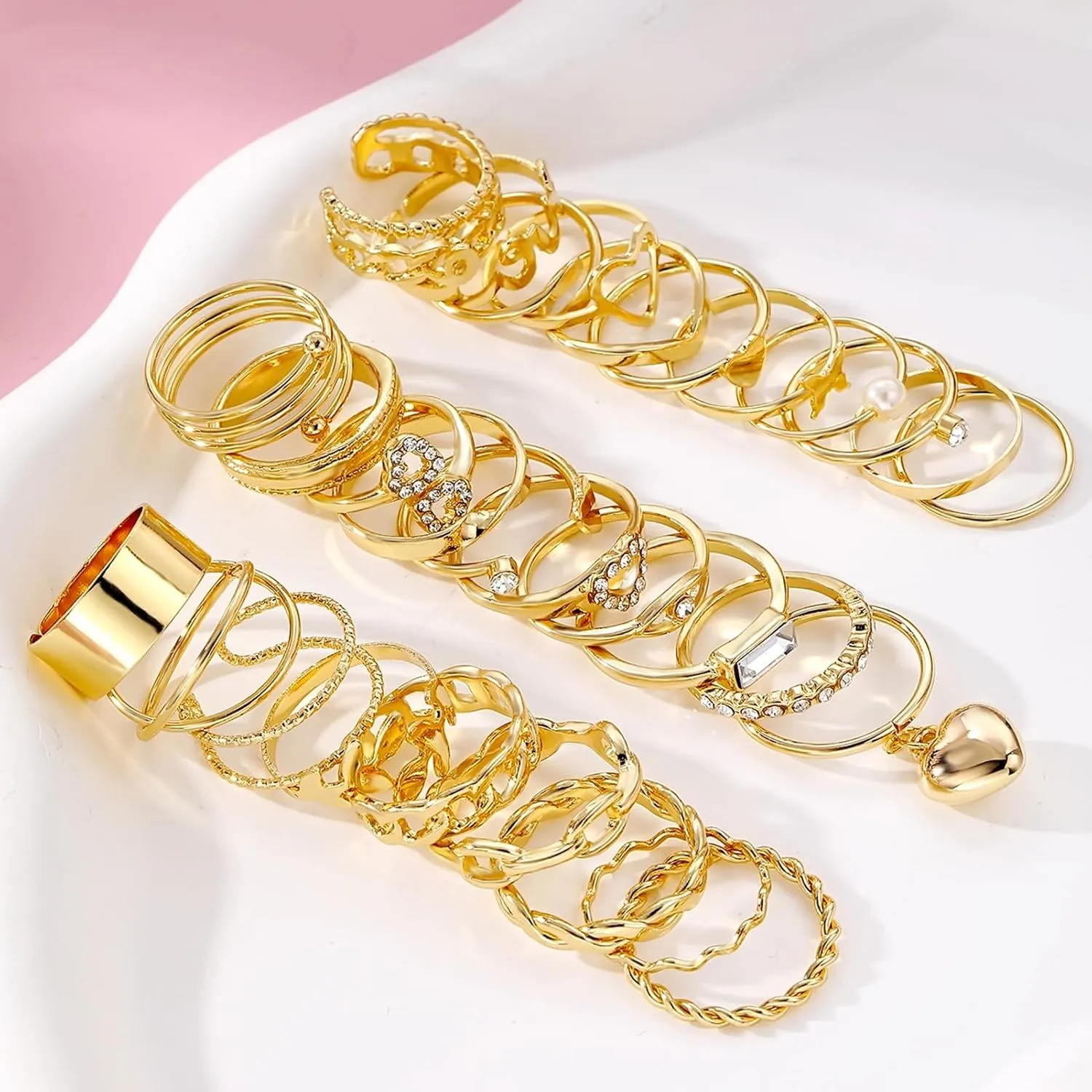 17IF Gold Vintage Knuckle Ring Set for Women, Boho Crystal Finger Aesthetic Pearl Sparkle Butterfly Chunky Stackable Midi Ring Pack