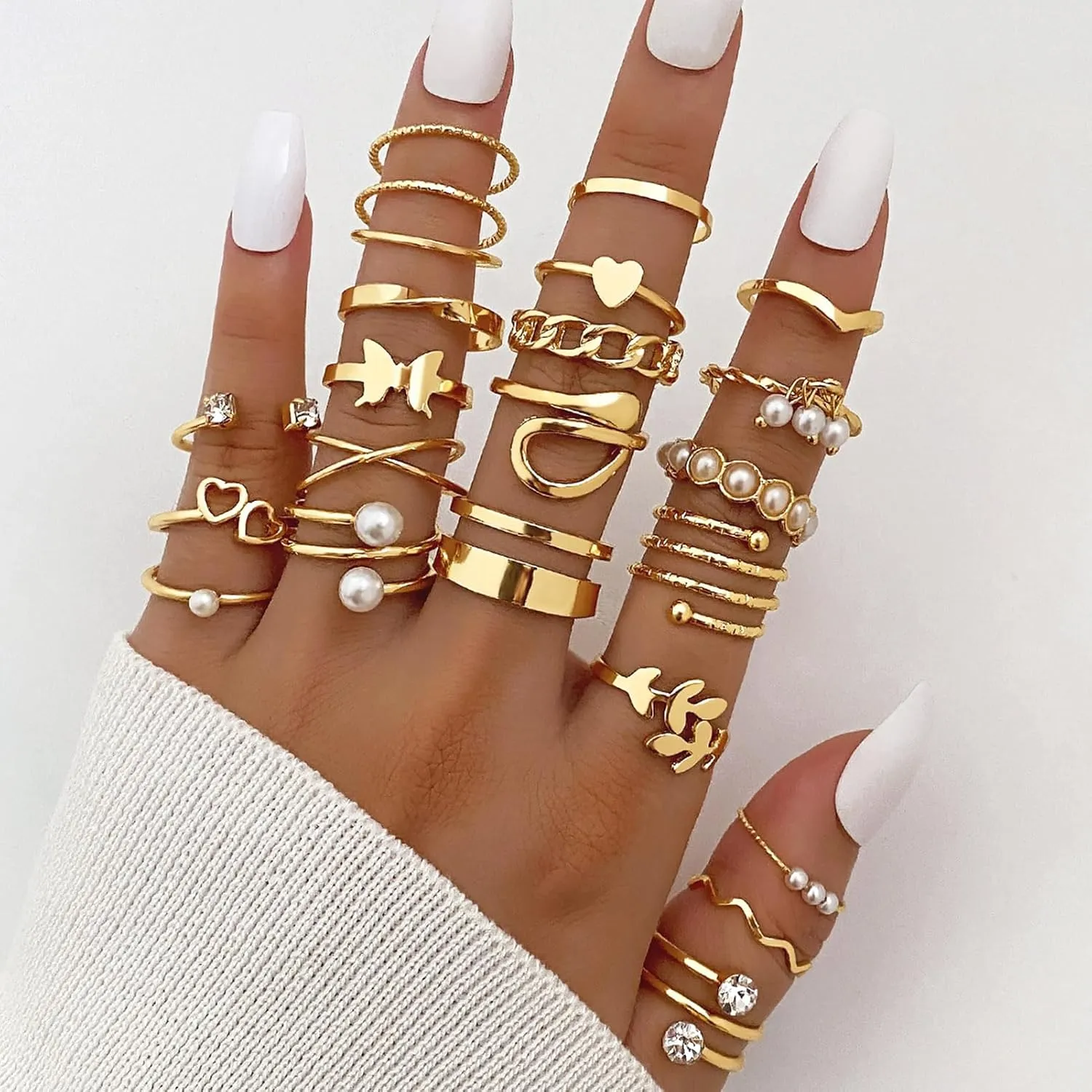 17IF Gold Vintage Knuckle Ring Set for Women, Boho Crystal Finger Aesthetic Pearl Sparkle Butterfly Chunky Stackable Midi Ring Pack