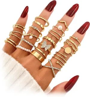 17IF Gold Vintage Knuckle Ring Set for Women, Boho Crystal Finger Aesthetic Pearl Sparkle Butterfly Chunky Stackable Midi Ring Pack