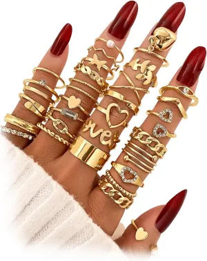17IF Gold Vintage Knuckle Ring Set for Women, Boho Crystal Finger Aesthetic Pearl Sparkle Butterfly Chunky Stackable Midi Ring Pack