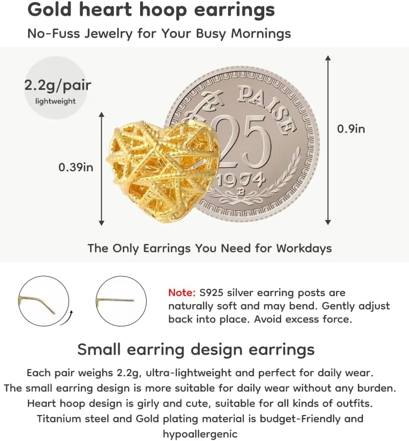18K Gold Plated & Silver Chunky Heart & Bow Earrings for Women, Chunky Heart Dangle Hoops/Tiny Studs, Kawaii Dainty Hypoallergenic Jewelry for Multiple Piercings, Gift for Her