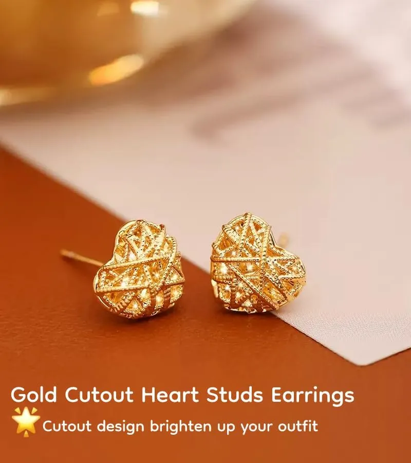 18K Gold Plated & Silver Chunky Heart & Bow Earrings for Women, Chunky Heart Dangle Hoops/Tiny Studs, Kawaii Dainty Hypoallergenic Jewelry for Multiple Piercings, Gift for Her